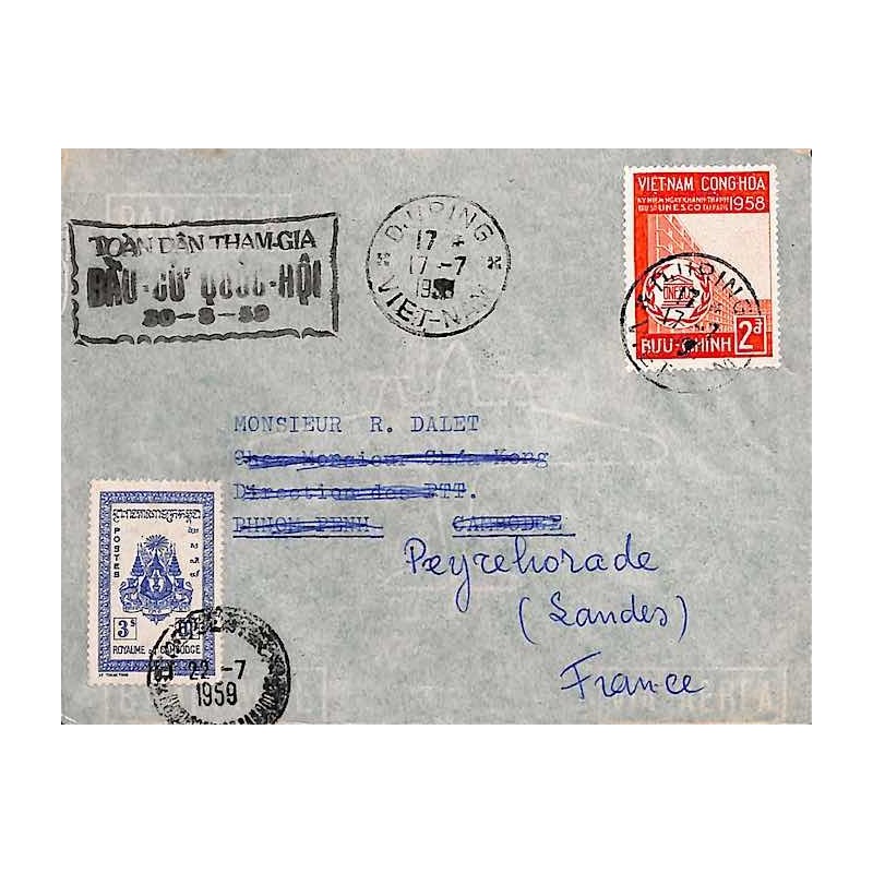 Lettre 1959 Affranchissement Vietnam Sud et Cambodge de DJIRING