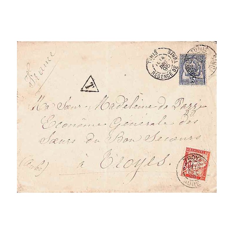 1895 Lettre à 15 c. de TUNIS Timbre taxe 30 c