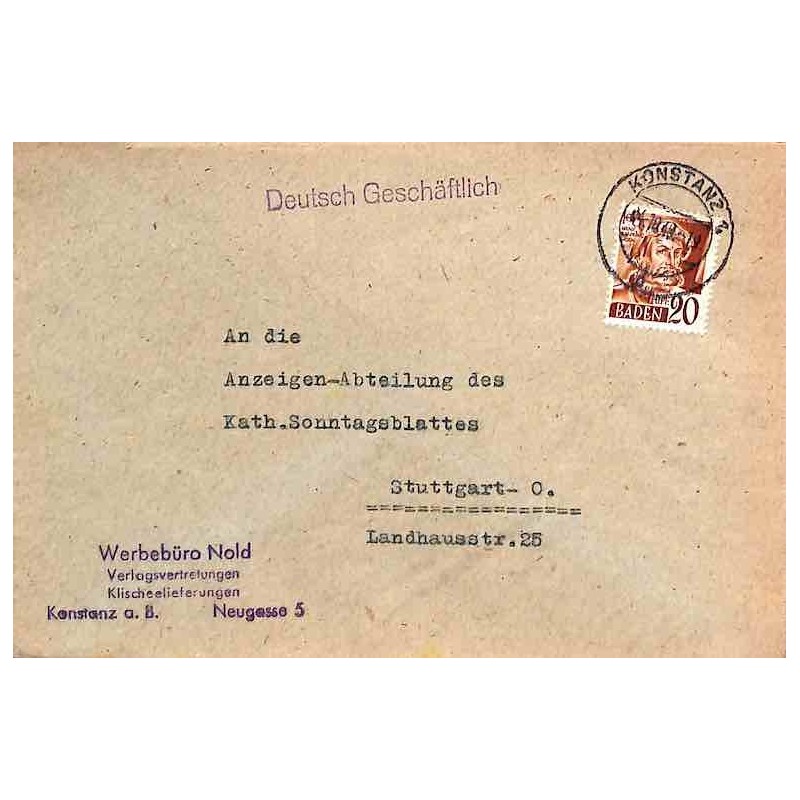 1948 Lettre 20 pf pour Stuttgart Oblitération KONSTANZ 2