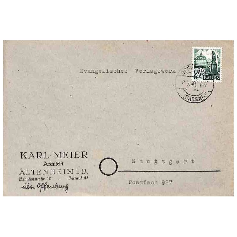 1948 Lettre 24 pf Oblitération OFFENBURG (BADEN) 2