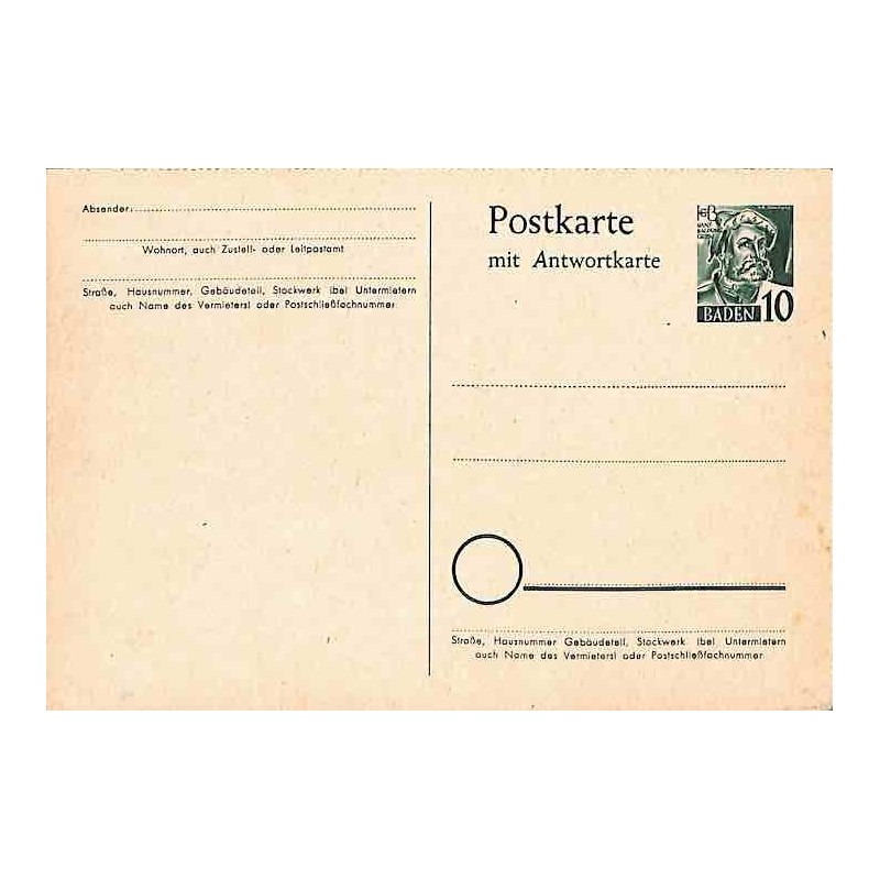 Entier Carte postale Bade 10pf avec réponse