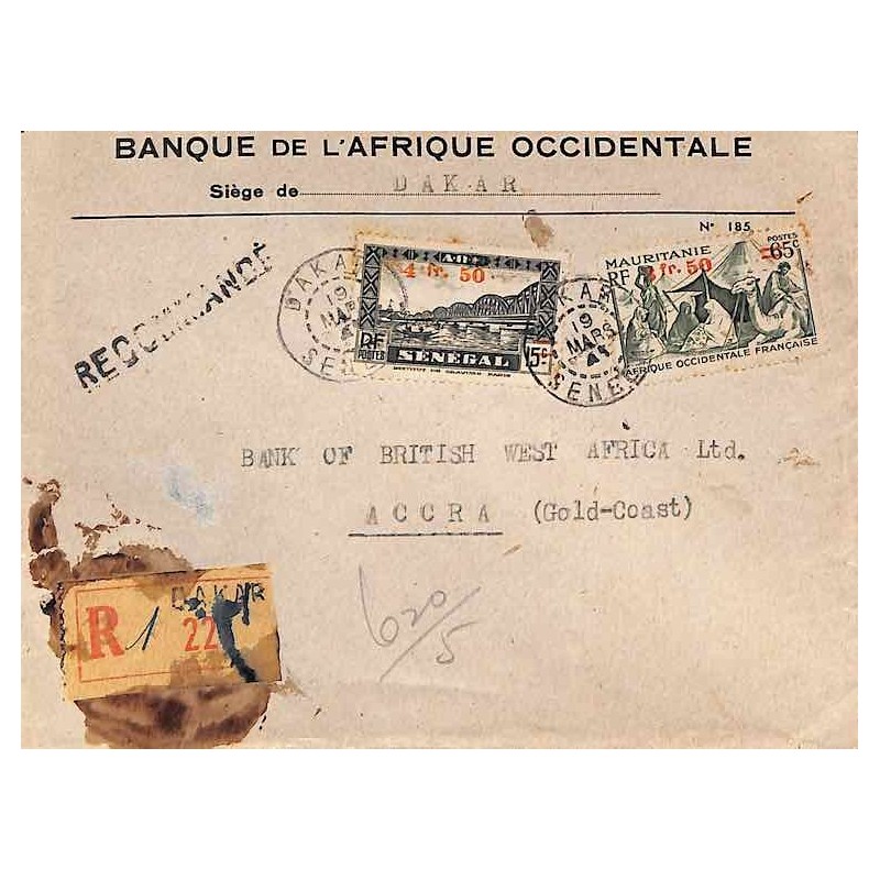 1945 Enveloppe recommandée pour la Gold Coast Affranchissement 5 f