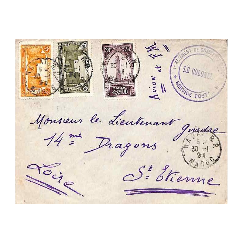 1924 Lettre 50 c. en FM avion Oblitération RABAT R.P. MAROC