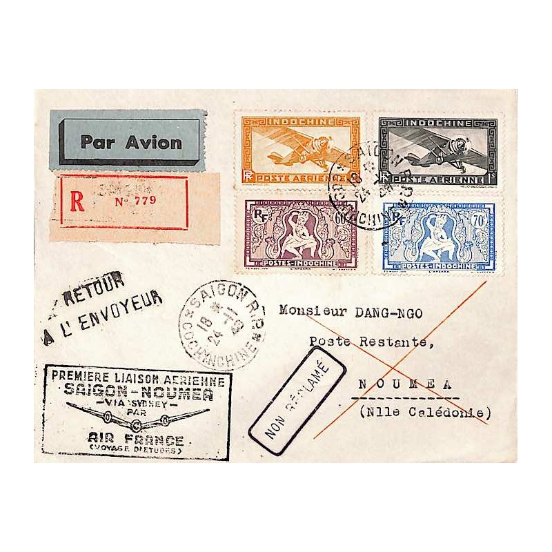 1948 Cachet PREMIERE LIAISON AERIENNE SAIGON - NOUMEA - VIA SYDNEY - PAR AIR FRANCE