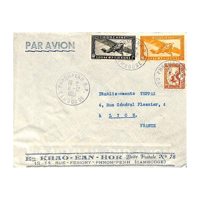 1951 Lettre avion à  3 $ 30 de PHNOMPENH R.P. CAMBODGE