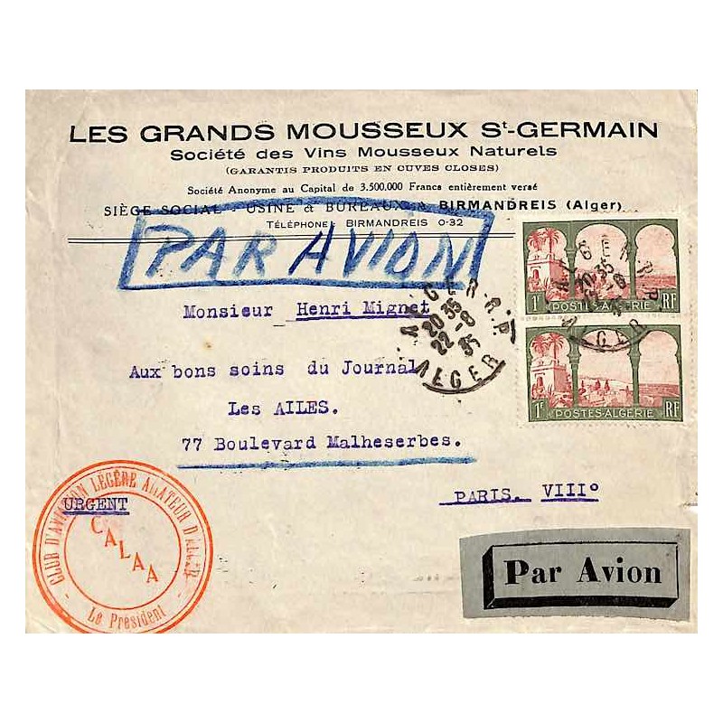 1935 Lettre à 2 F. Oblitération ALGER R.P.