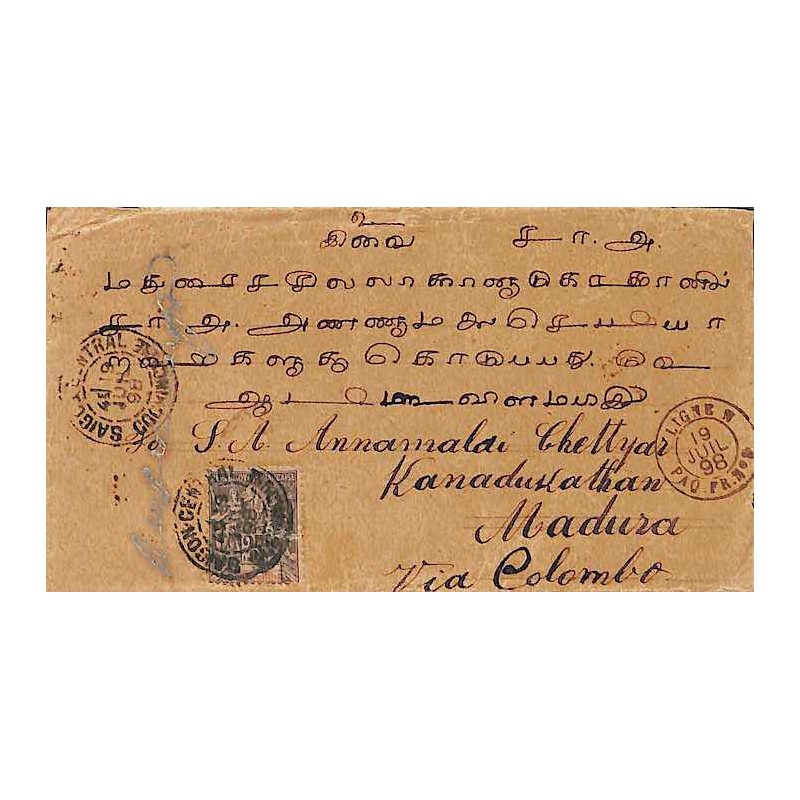 1898 Enveloppe 25 c pour Kanadukathan (Inde) de SAIGON CENTRAL COCHINCHINE