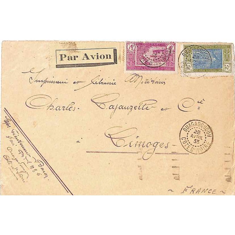 1933 lettre avion Oblitération OUAGADOUGOU COTE D’IVOIRE