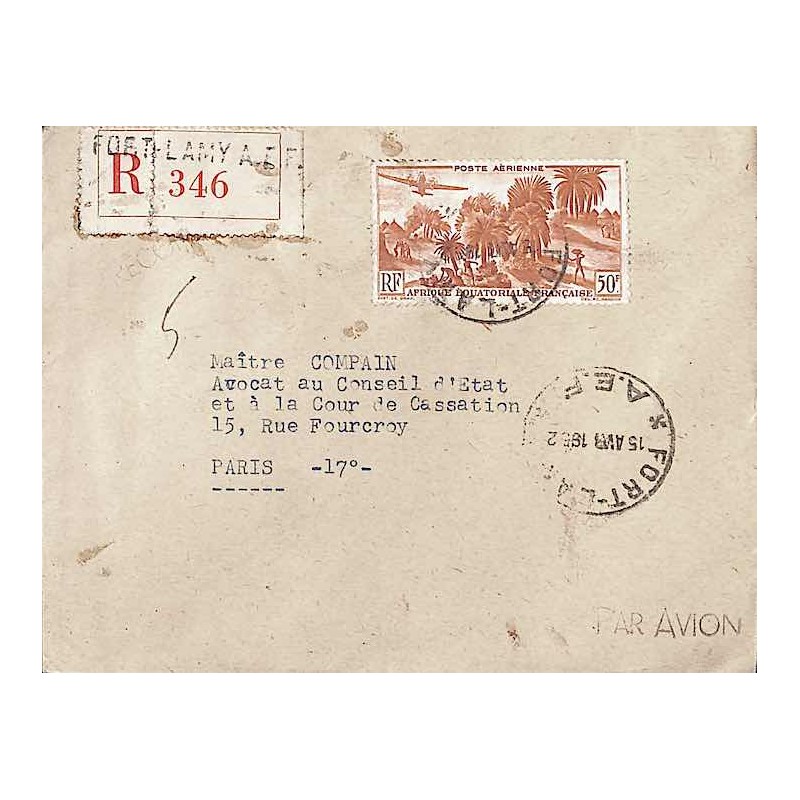 1952 lettre à 50 f. Oblitération FORT-LAMY * A.E.F. *