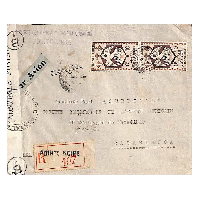 1944 Lettre pour le Maroc Bande et cachets CONTRÔLE POSTAL * COMMISSION  B * et B1