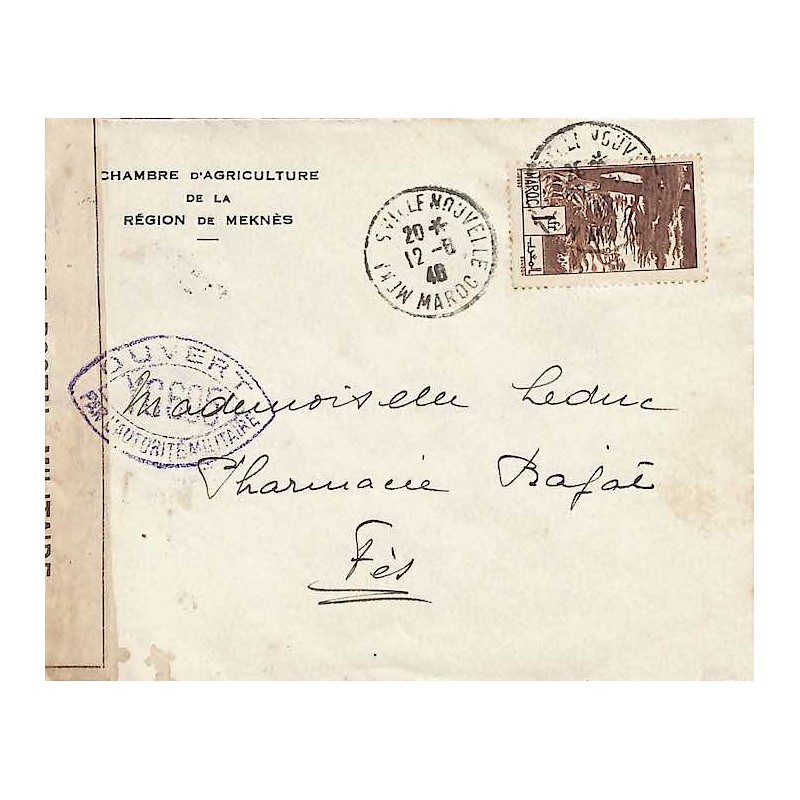 1940 lettre Bande CONTROLE POSTAL MILITAIRE blanche et cachet censure YC605 de Fès