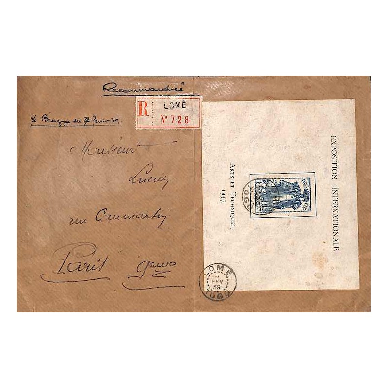 1939  lettre à 3 f. avec le bloc-feuillet 1 seul